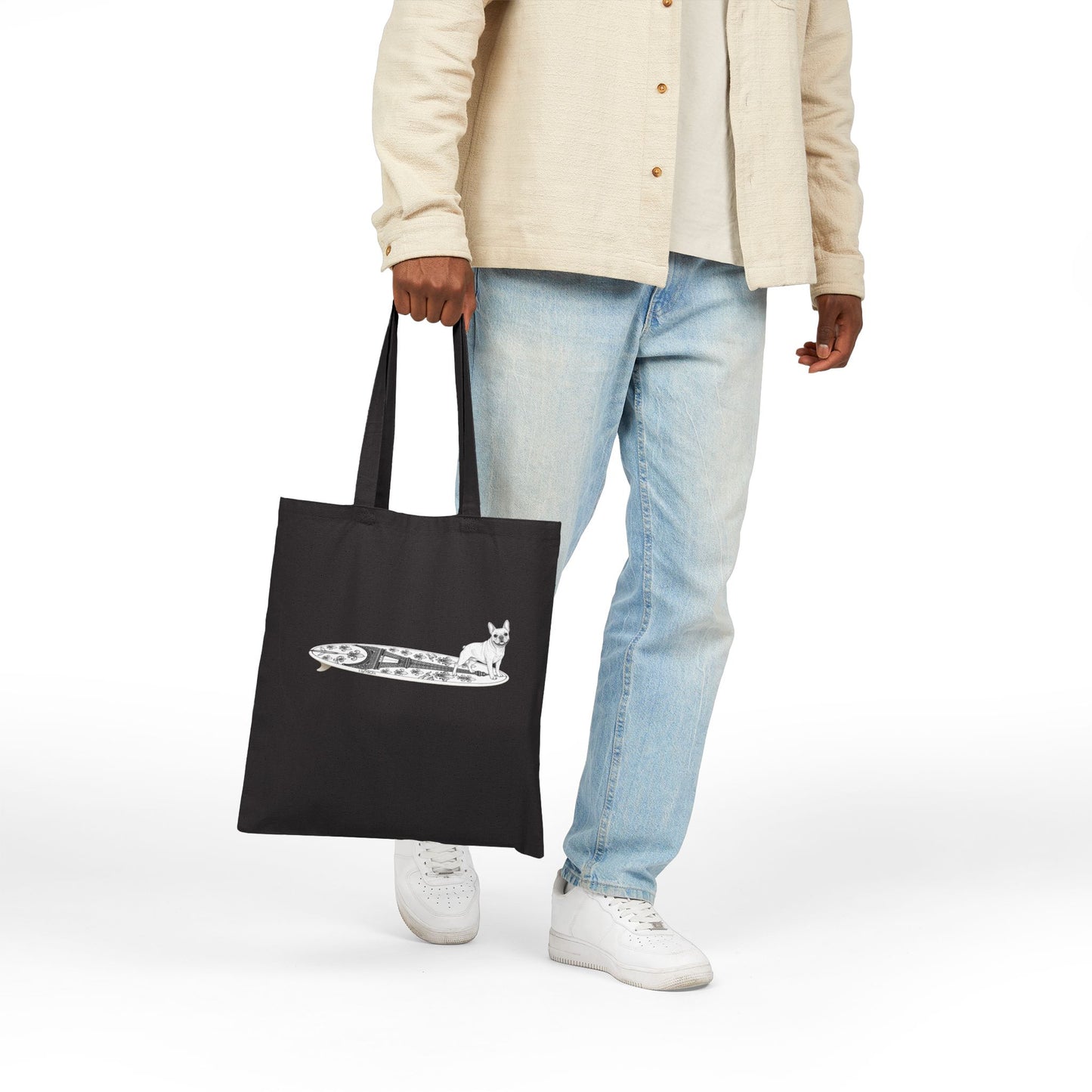 Black French Bulldog beach tote — Eiffel Tower surfboard graphic — dog lover beach bag — The Swell Dogs