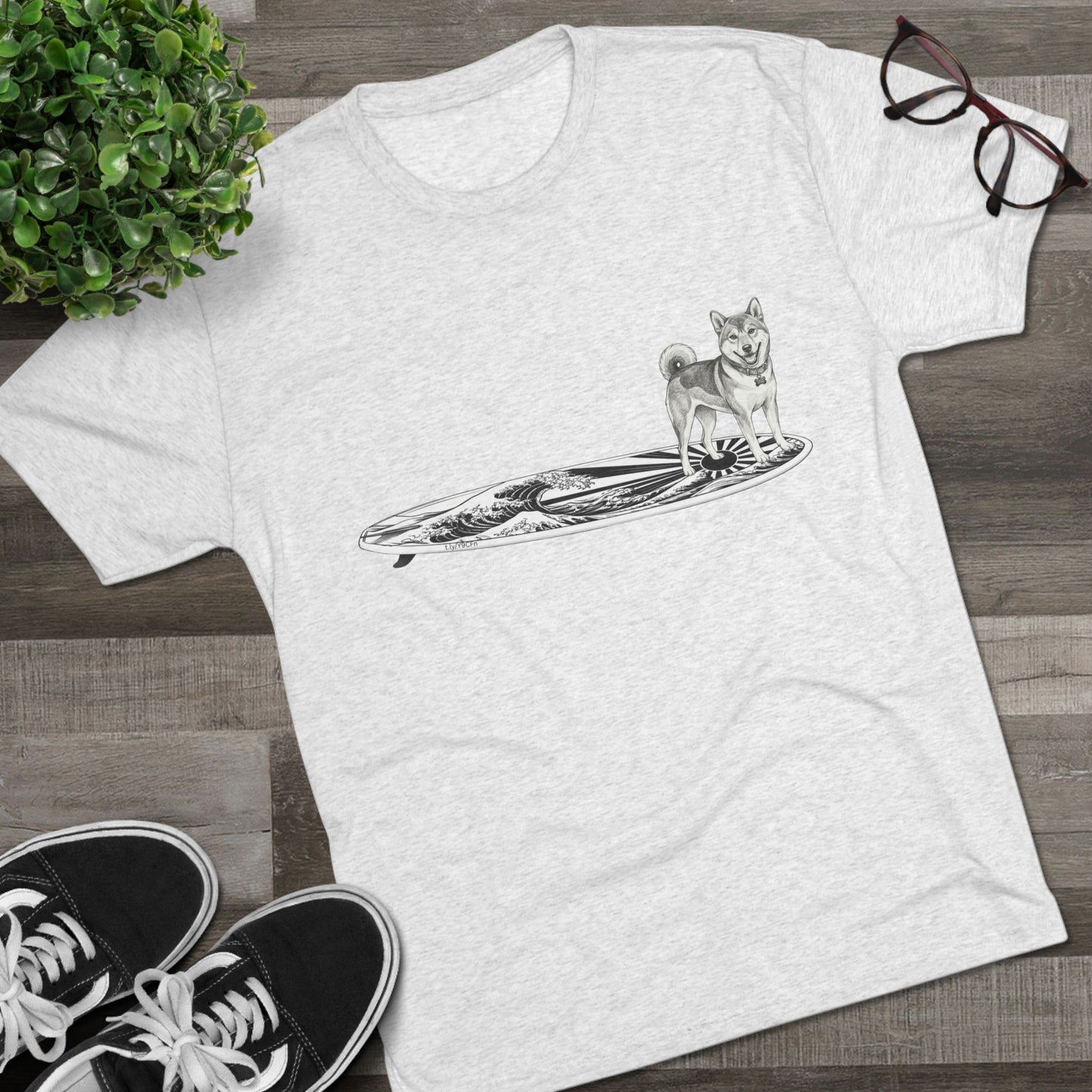 White Shiba Inu surf t-shirt with rising wave and Japanese sun flag surfboard illustration styled with Vans and sunglasses — The Swell Dogs