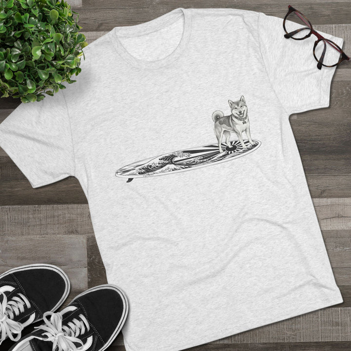 White Shiba Inu surf t-shirt with rising wave and Japanese sun flag surfboard illustration styled with Vans and sunglasses — The Swell Dogs