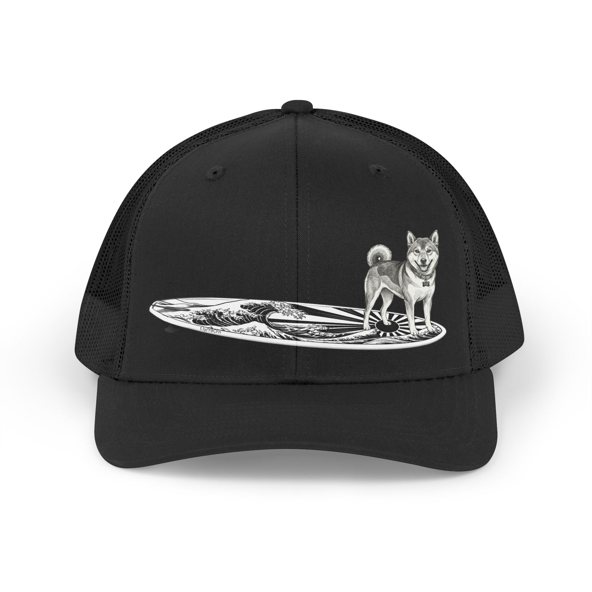 All black Shiba Inu surf trucker hat with rising wave and Japanese sun flag surfboard design in vintage line art — The Swell Dogs