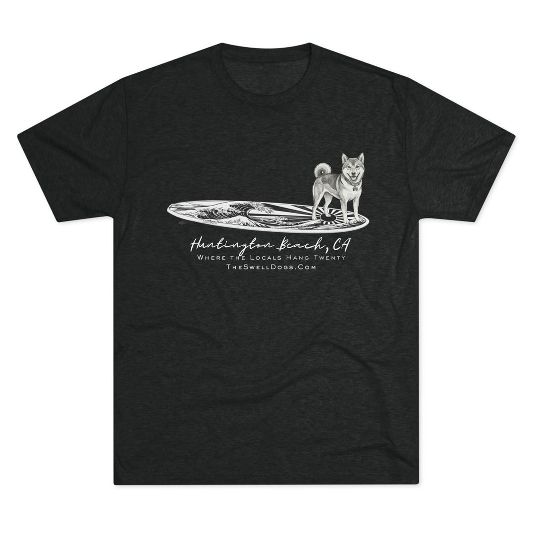 Black t-shirt featuring a Shiba Inu on a Japanese surfboard with "Huntington Beach, CA" text