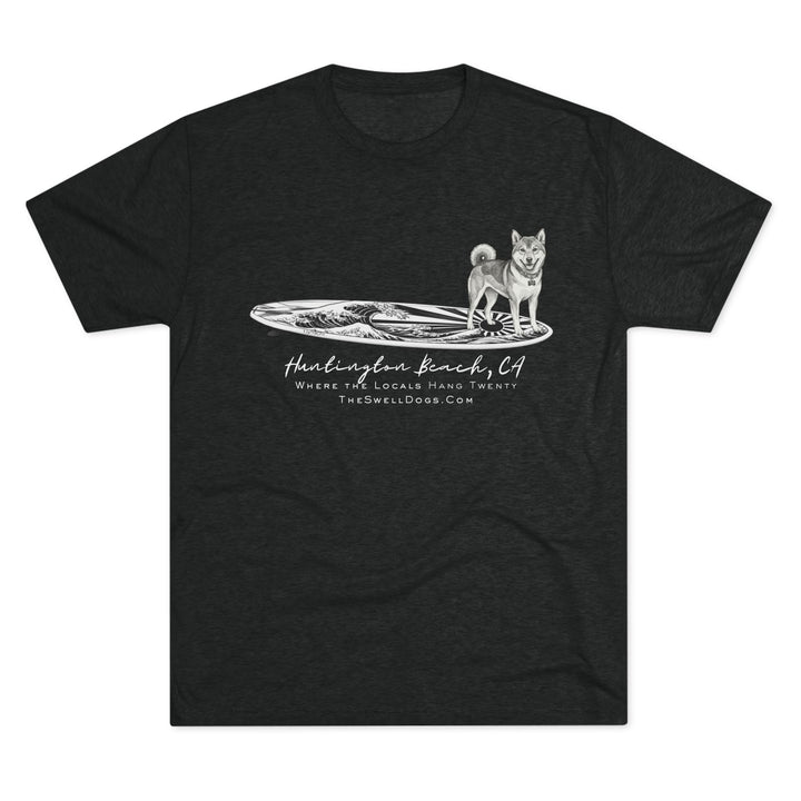 Black t-shirt featuring a Shiba Inu on a Japanese surfboard with "Huntington Beach, CA" text