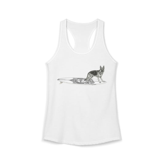 White racerback tank top with a German Shepherd dog on a surfboard designed  with a service badge on it.