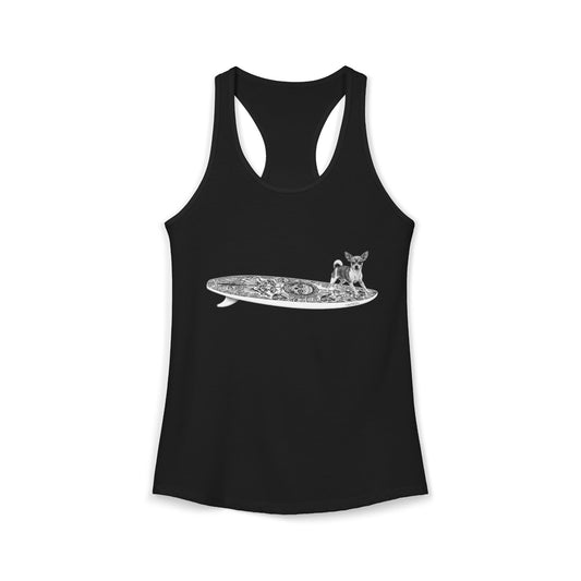 Black racerback tank top with a Chihuahua surfing on a Day of the Dead surfboard.