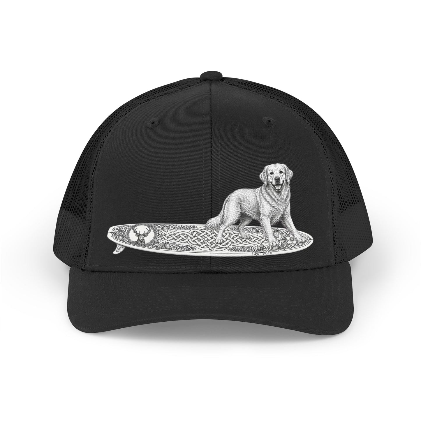 Black trucker hat with a Golden Retriever riding a long surfboard with keltic knots and embellishments.cap with a dog on a surfboard design.