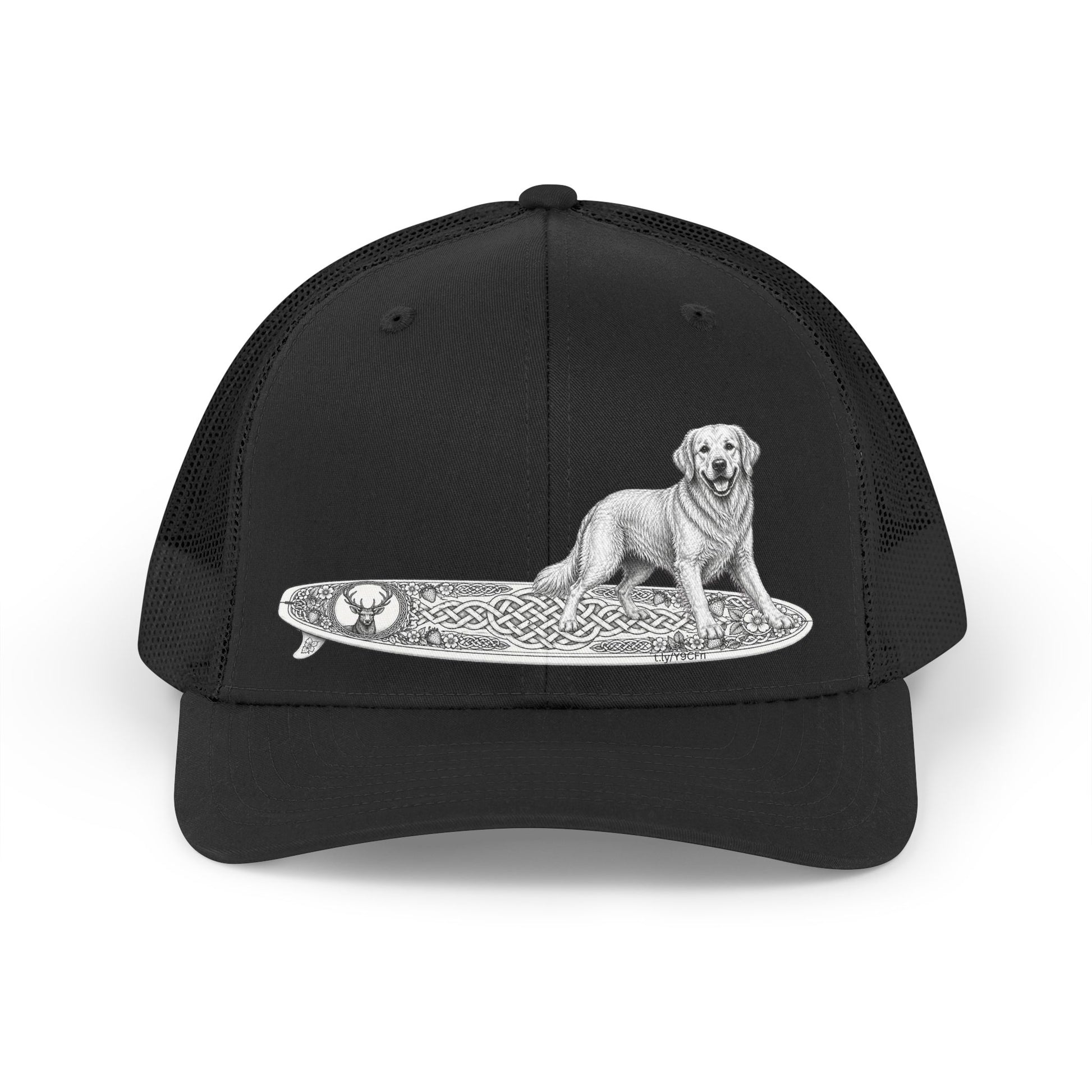 Black trucker hat with a Golden Retriever riding a long surfboard with keltic knots and embellishments.cap with a dog on a surfboard design.