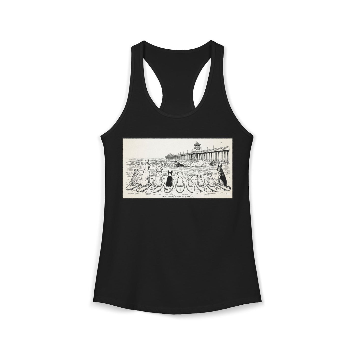 Black racerback tank with a pack of dogs on surfboards staring out to sea, with the words Waiting for a Swell' underneaath the dogs and the Huntington Beach pier in the background.