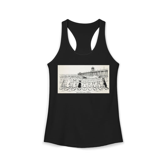 Black racerback tank with a pack of dogs on surfboards staring out to sea, with the words Waiting for a Swell' underneaath the dogs and the Huntington Beach pier in the background.