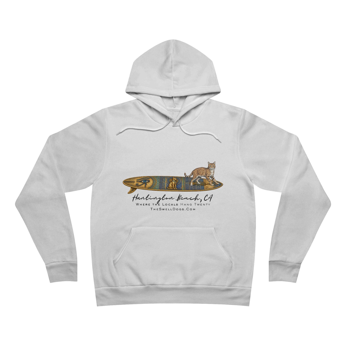 White pullover hoodie featuring a Tabby Cat standing on a Egyptian surfboard with "Huntington Beach, CA" text