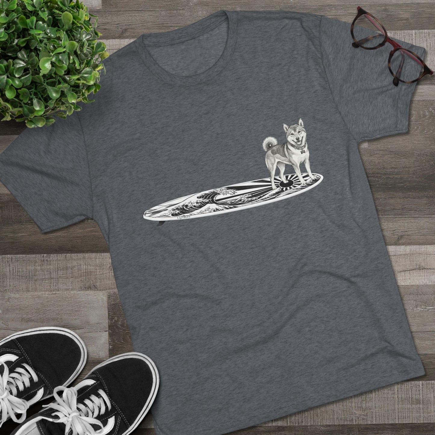 Dark heather Shiba Inu surf t-shirt with rising wave and Japanese sun flag design styled with Vans sneakers and sunglasses — The Swell Dogs