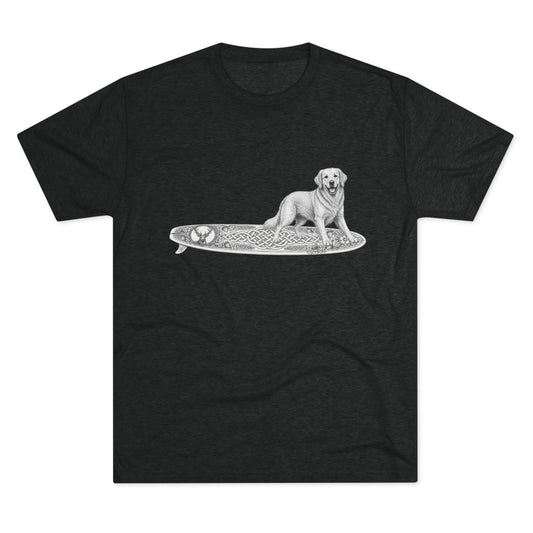 Black t-shirt with a white Golden Retriever dog on a surfboard with a irish knot graphic on it.