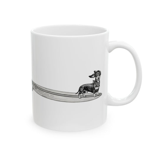 White ceramic mug with vintage Dachshund wearing a checkered racing flag bandana on a wood grain racing flag surfboard line drawing — The Swell Dogs