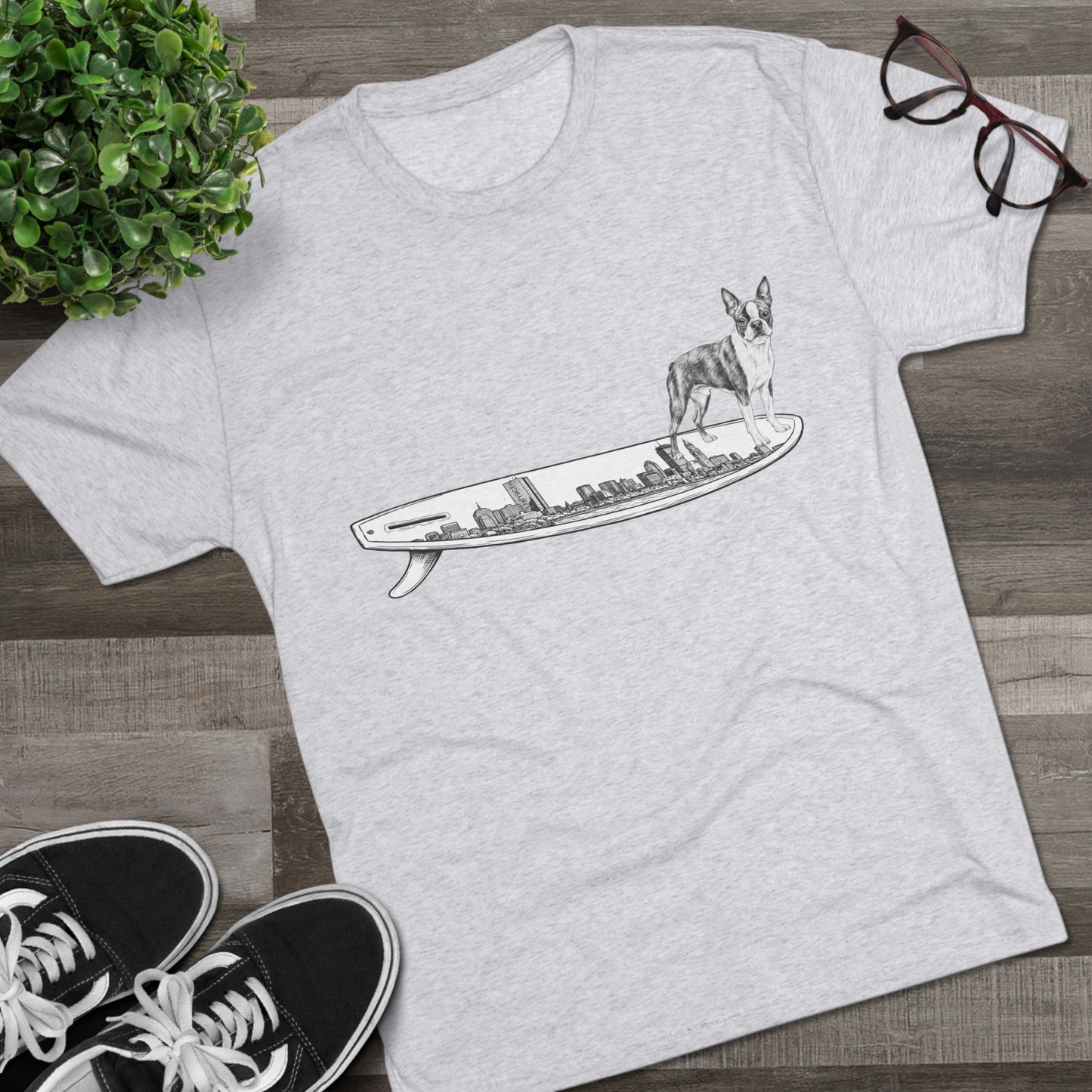 Boston Terrier surf graphic white tee — Buddy on the Boston Skyline surfboard — The Swell Dogs