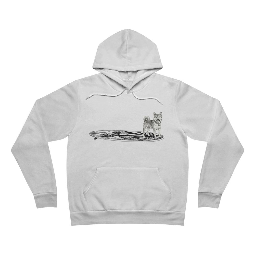 White hoodie with a graphic of a Shiba Inu on a Japanese Rising Wave surfboard. 