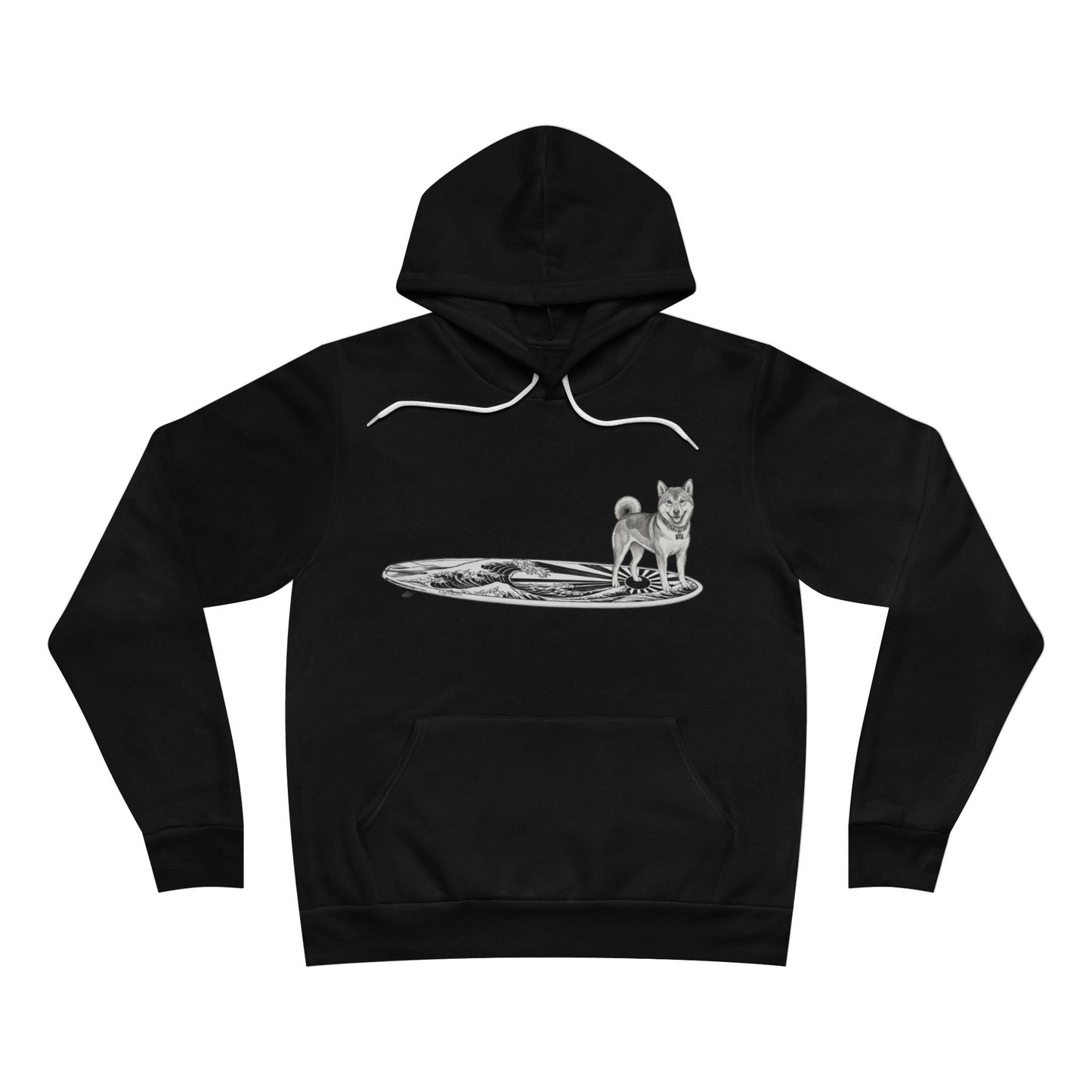 Black hoodie with a graphic of a Shiba Inu on a Japanese Rising Wave surfboard. 