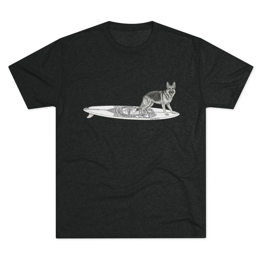 Black t-shirt with a German Shepherd dog on a surfboard designed  with a service badge on it.