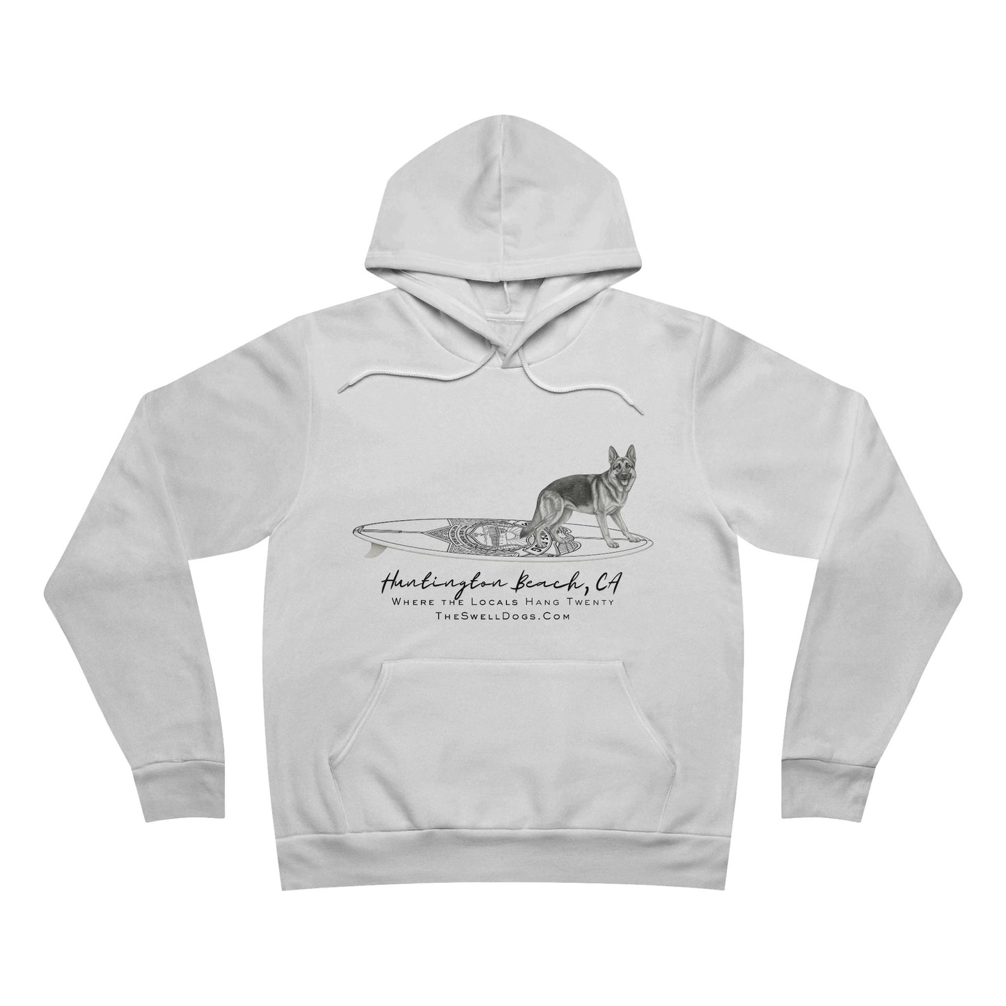 White pullover hoodie featuring a German Shepard dog standing on a surfboard with "Huntington Beach, CA" text