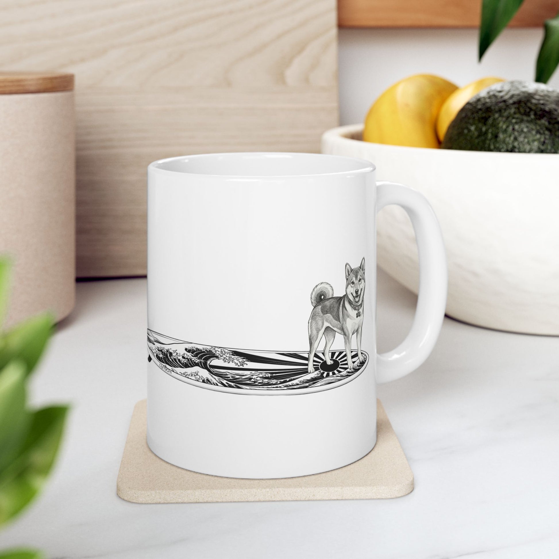 White ceramic Shiba Inu surf mug with rising wave and Japanese sun flag design on clean white background — The Swell Dogs