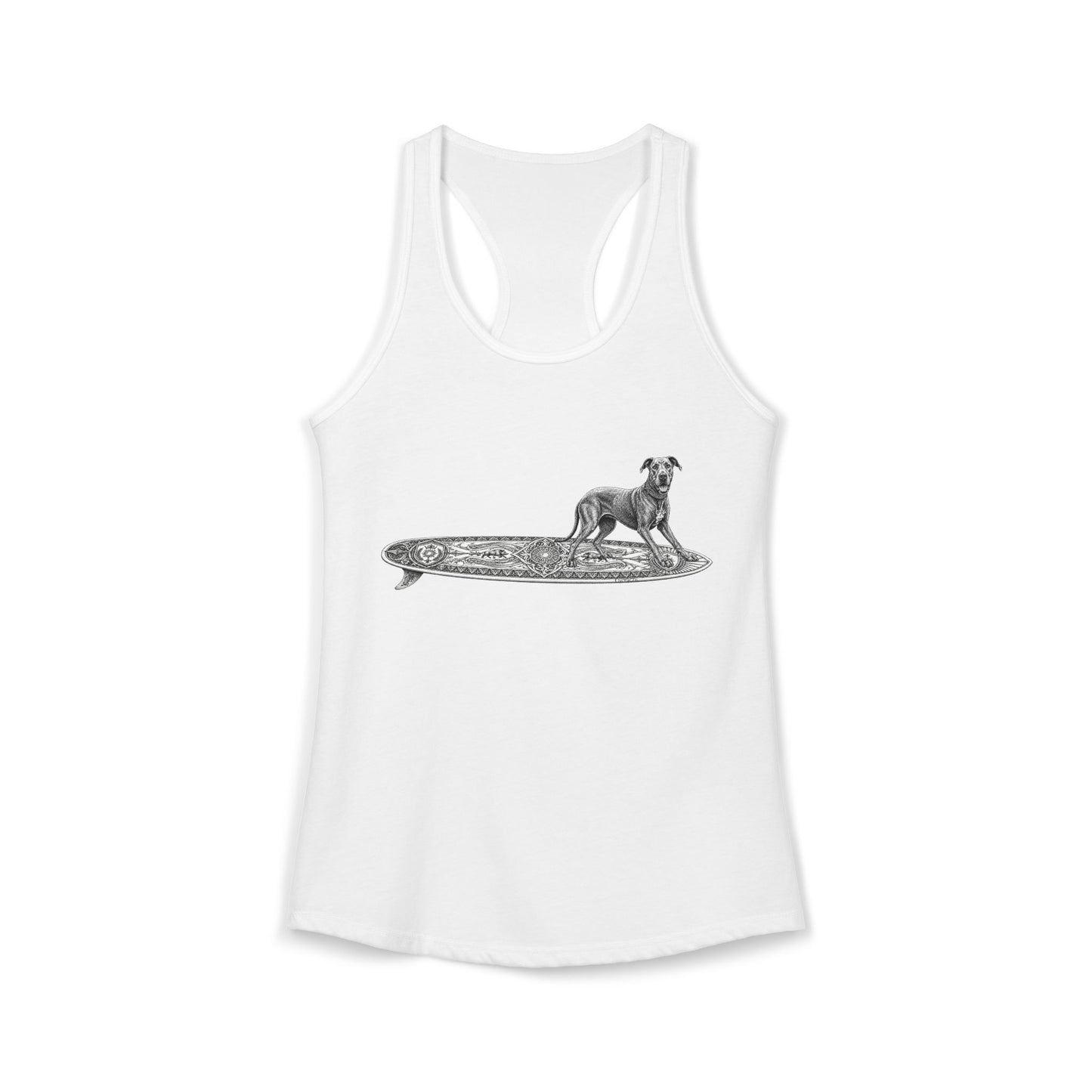 White racerback tank top with a Great Dane on a longboard with wild boar crests and suns on it.