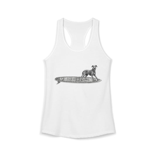 White racerback tank top with a Great Dane on a longboard with wild boar crests and suns on it.