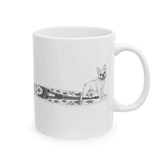 White mug with a French Bulldog on an Eiffel Tower surfboard.