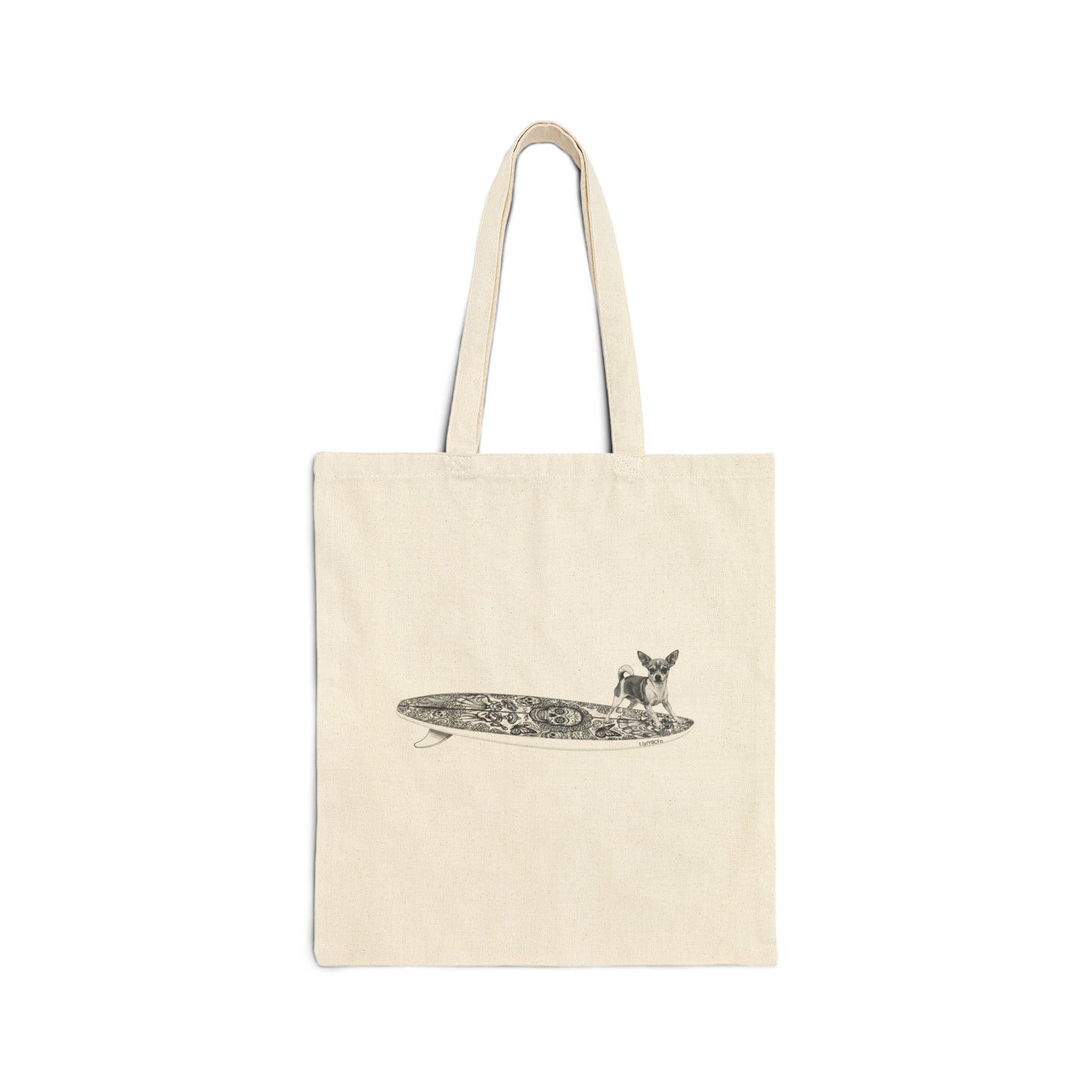 Beige tote bag with a Chihuahua surfing on a Day of the Dead surfboard.