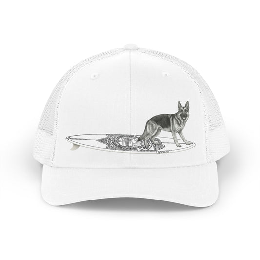 White trucker hat with a German Shepherd dog on a surfboard designed  with a service badge on it.