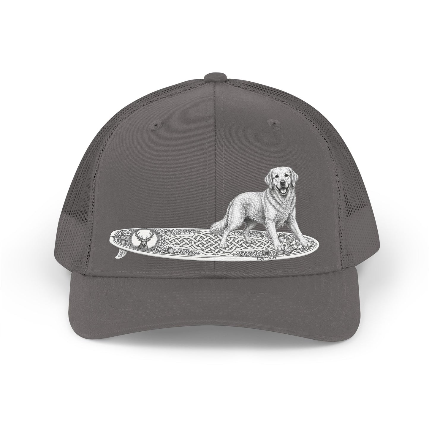 Gray trucker hat with a Golden Retriever riding a long surfboard with keltic knots and embellishments.cap with a dog on a surfboard design.