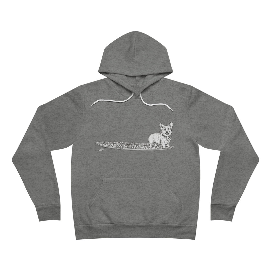 Gray hoodie with a graphic of a Corgi dog on a tiki surfboard with a hibiscus flower in its ear and a hibiscus bandana around its neck.
