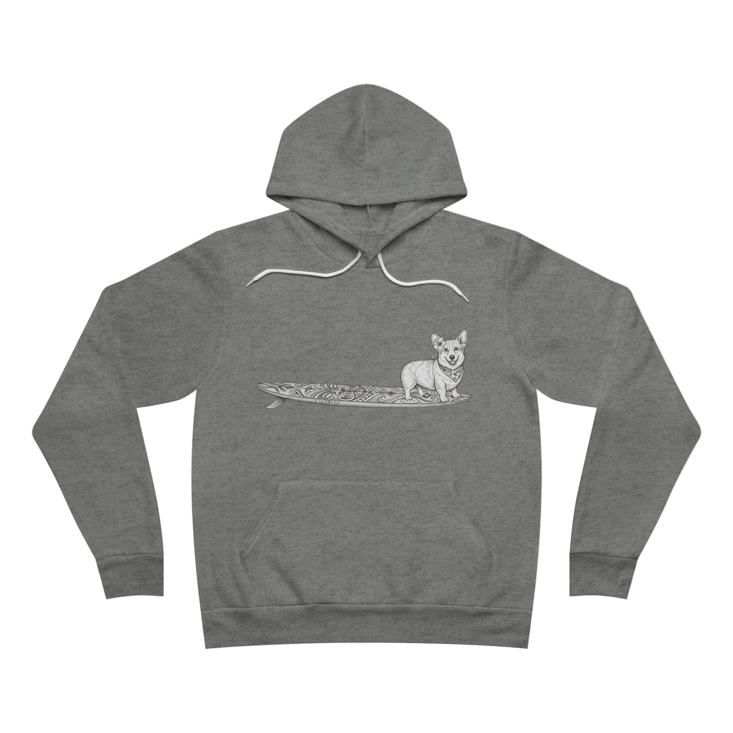 Gray hoodie with a graphic of a Corgi dog on a tiki surfboard with a hibiscus flower in its ear and a hibiscus bandana around its neck.