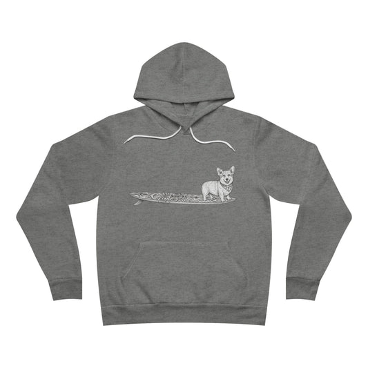 Gray hoodie with a graphic of a Corgi dog on a tiki surfboard with a hibiscus flower in its ear and a hibiscus bandana around its neck.