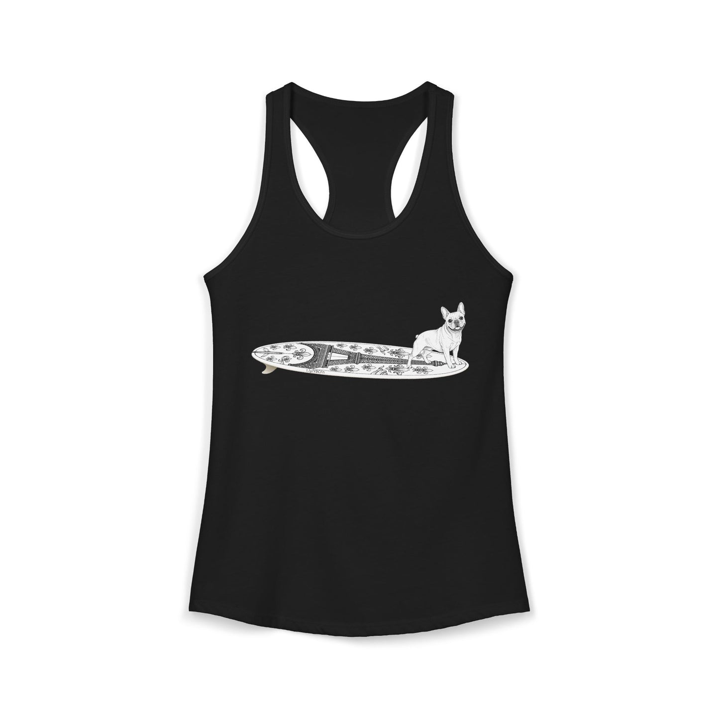 Black French Bulldog Eiffel Tower surfboard racerback tank top  — surf gift for Frenchie lovers — The Swell Dogs