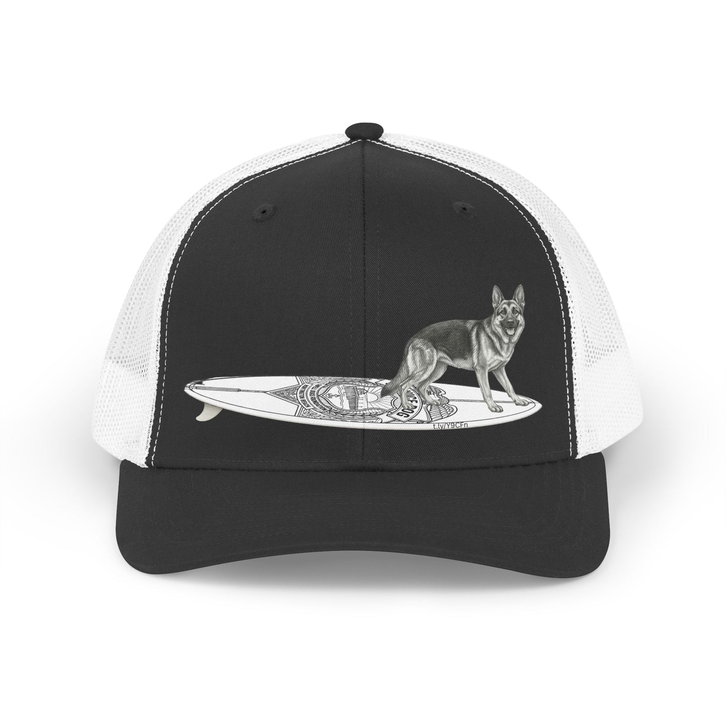 Black and white trucker hat with a German Shepherd hanging twenty on a Service Dog styl longboard.