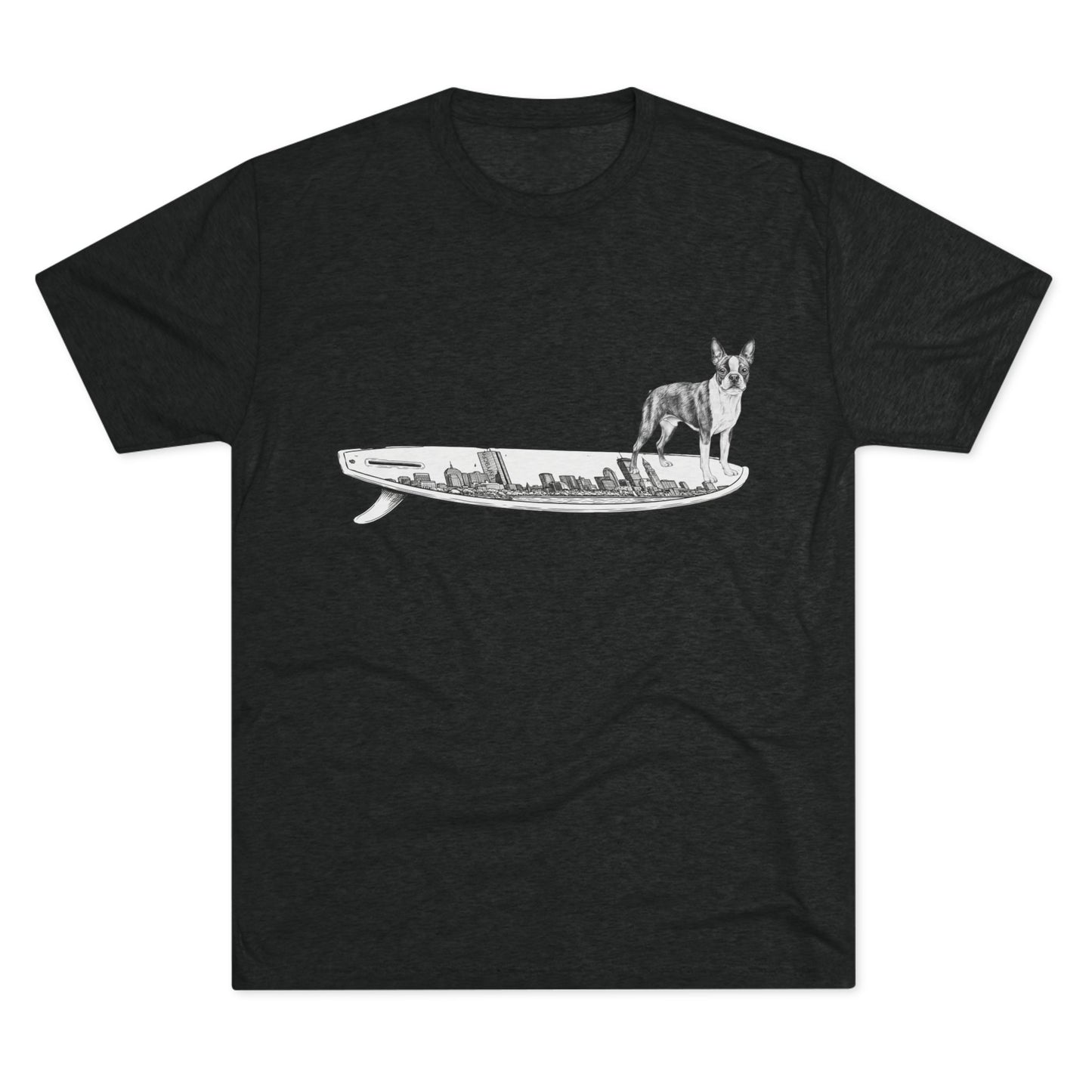 Boston Terrier surf graphic black tee — Buddy on the Boston Skyline surfboard — The Swell Dogs