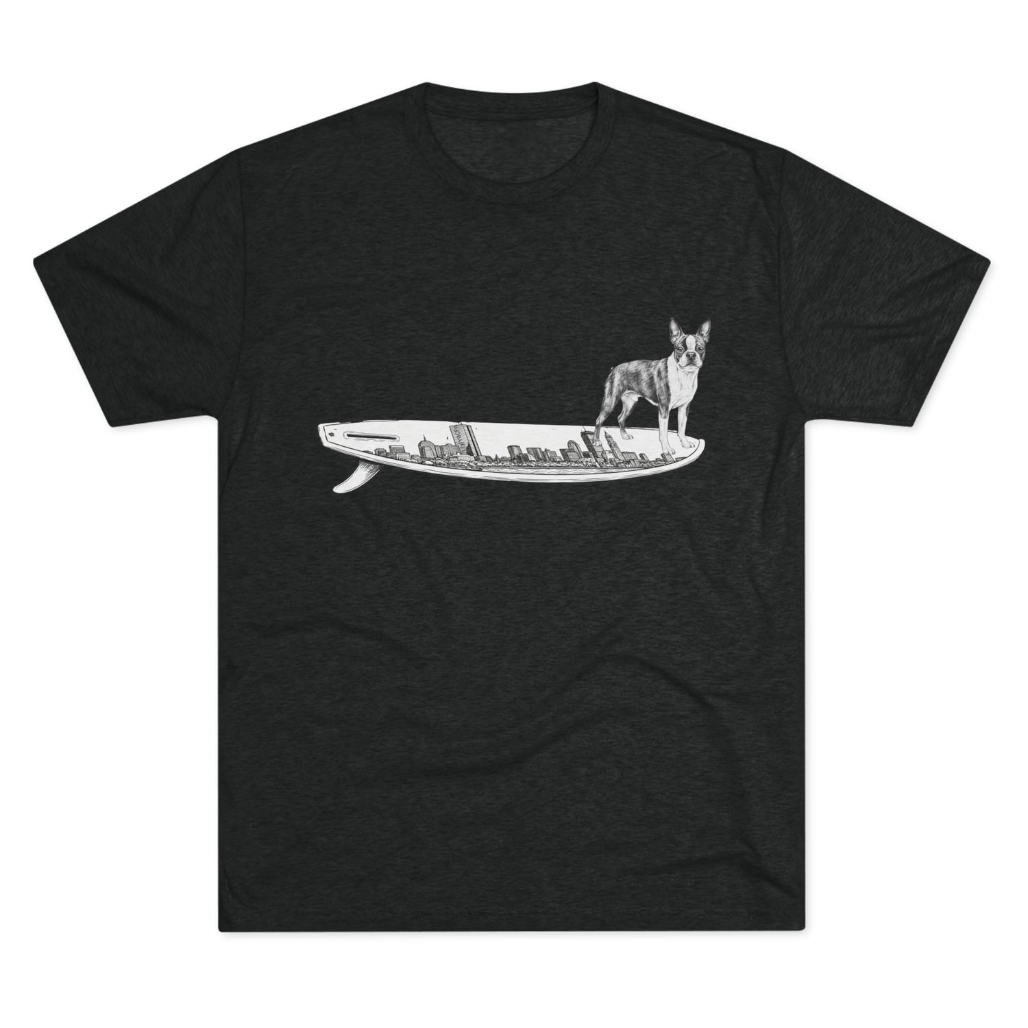 Boston Terrier surf graphic black tee — Buddy on the Boston Skyline surfboard — The Swell Dogs