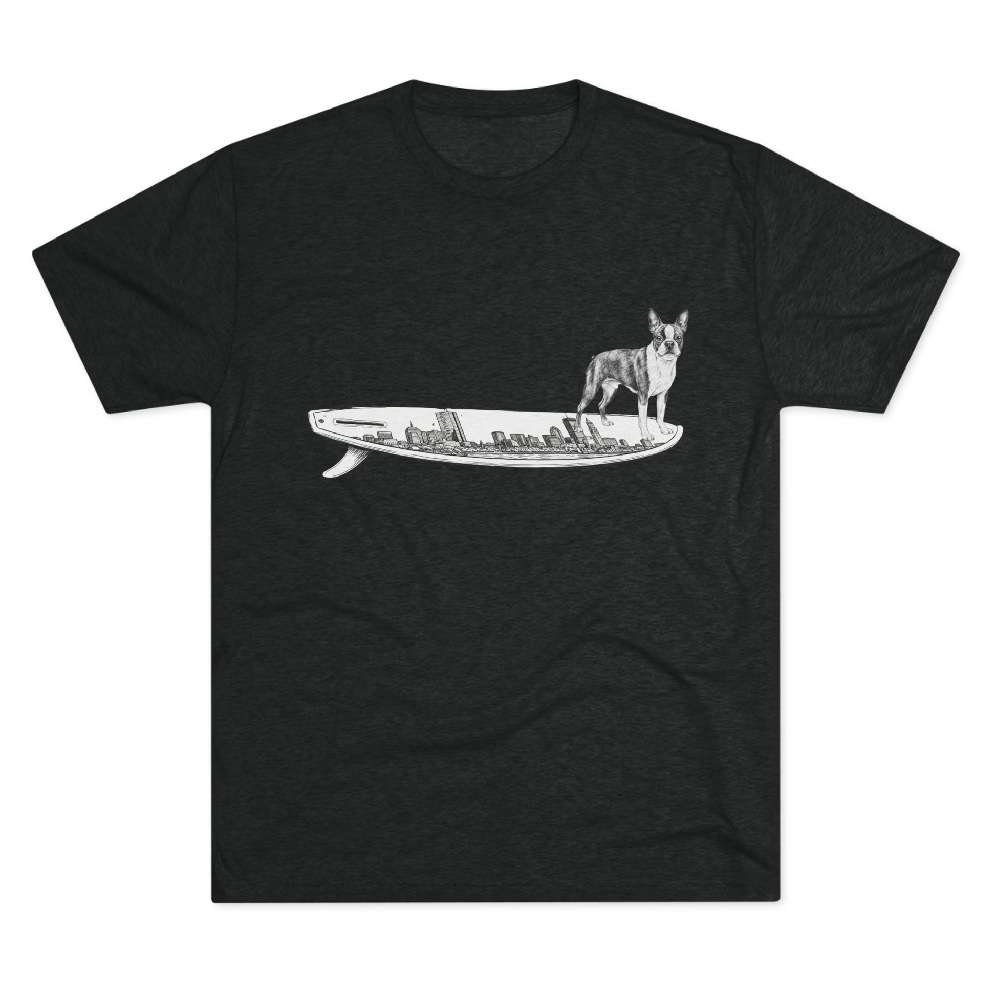 Boston Terrier surf graphic black tee — Buddy on the Boston Skyline surfboard — The Swell Dogs