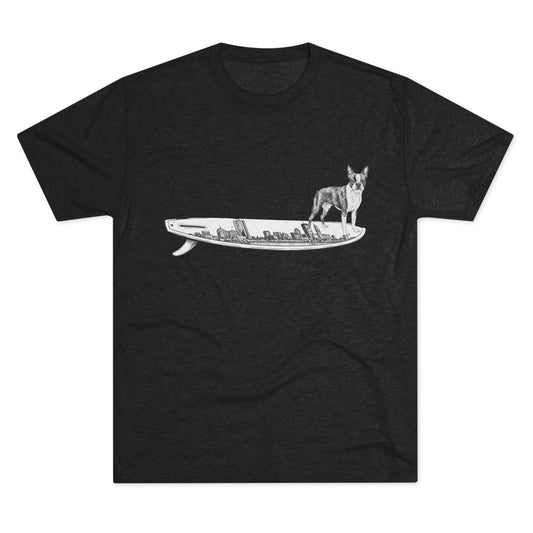 Boston Terrier surf graphic black tee — Buddy on the Boston Skyline surfboard — The Swell Dogs