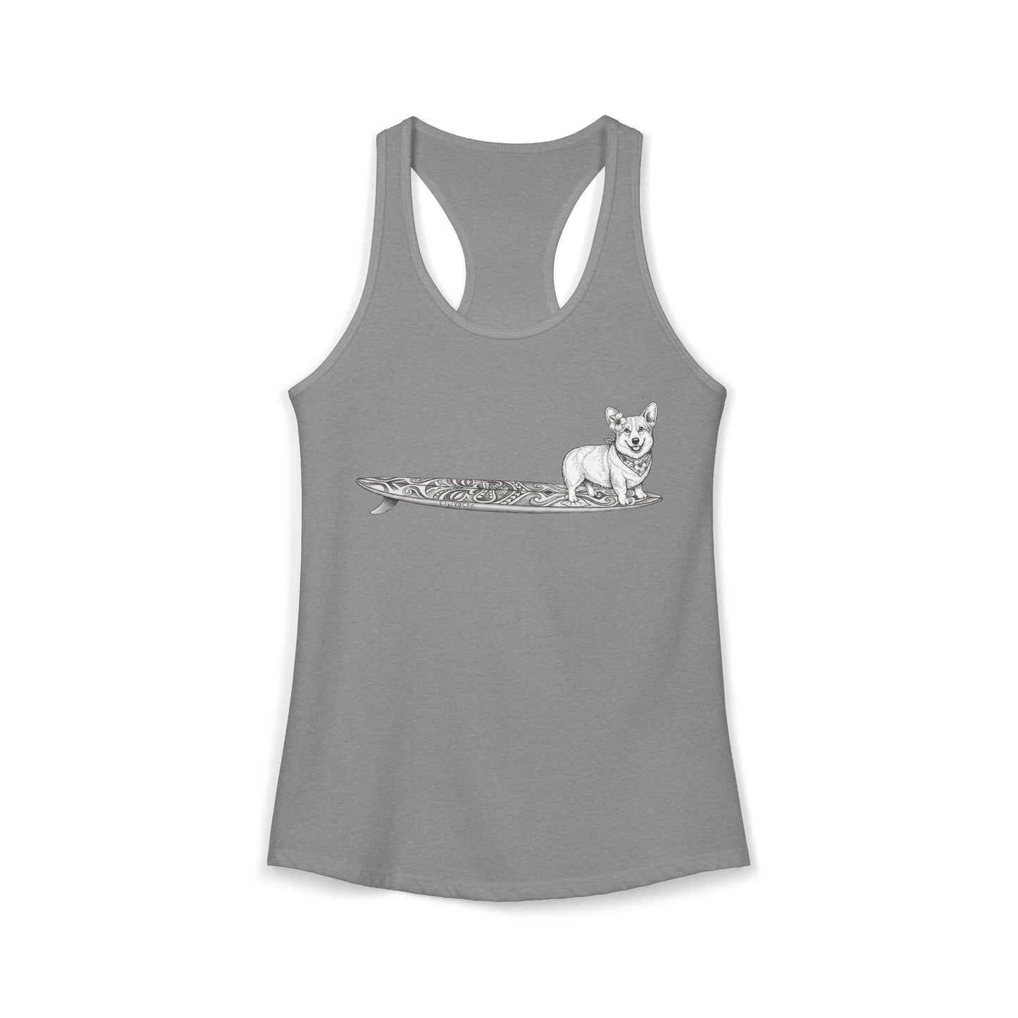 Grey racerback tank top with vintage Corgi wearing hibiscus bandana and hibiscus in her ear on a tiki surfboard — The Swell Dogs