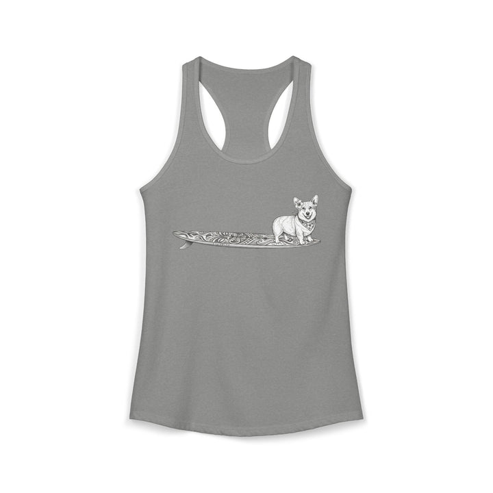 Grey racerback tank top with vintage Corgi wearing hibiscus bandana and hibiscus in her ear on a tiki surfboard — The Swell Dogs