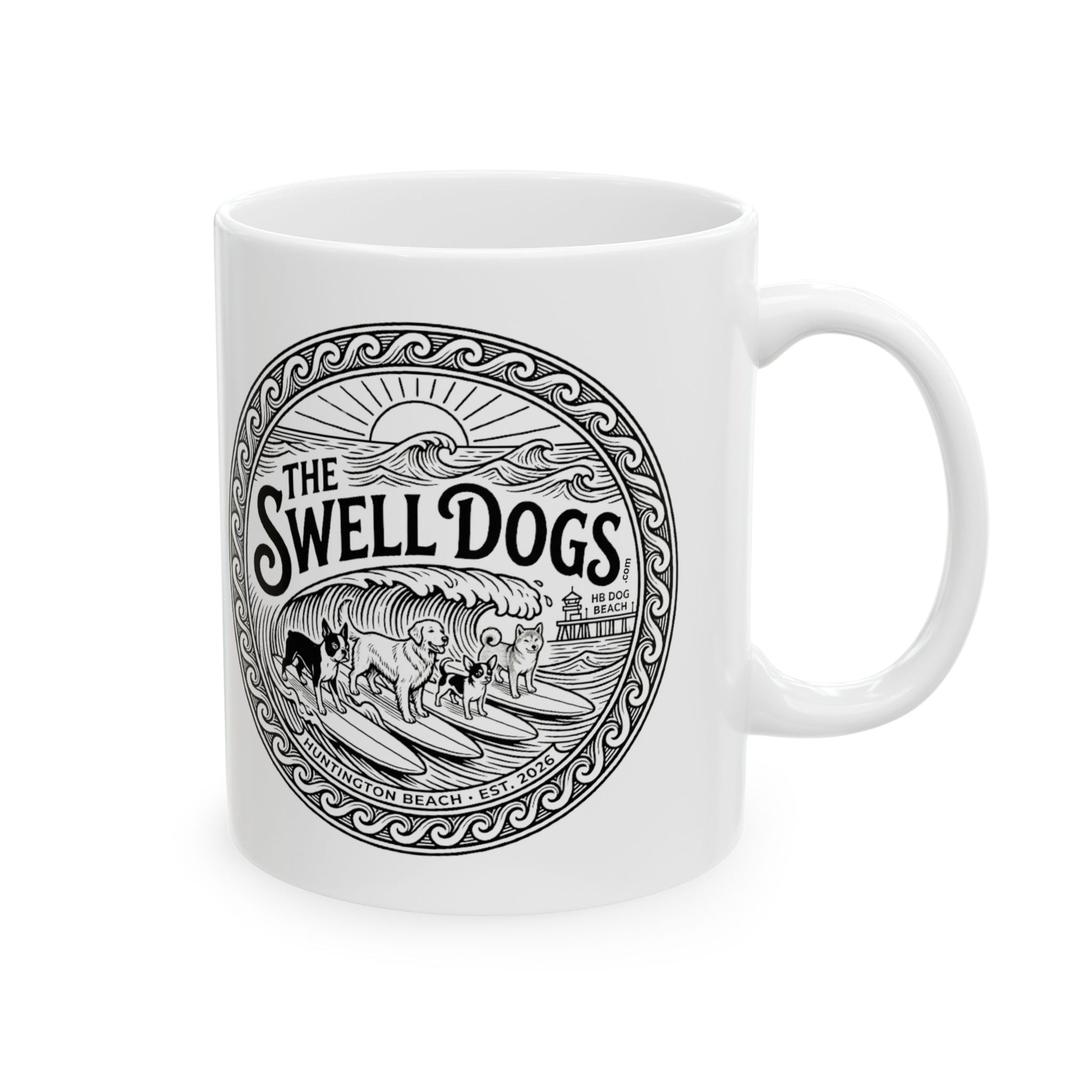 White mug with The Swell Dogs logo on it.