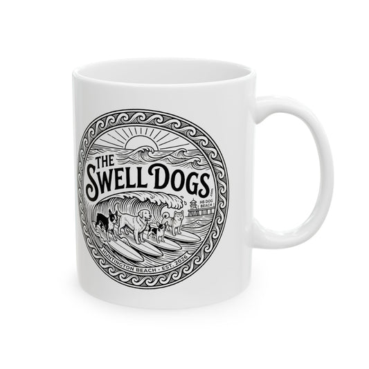 White mug with The Swell Dogs logo on it.
