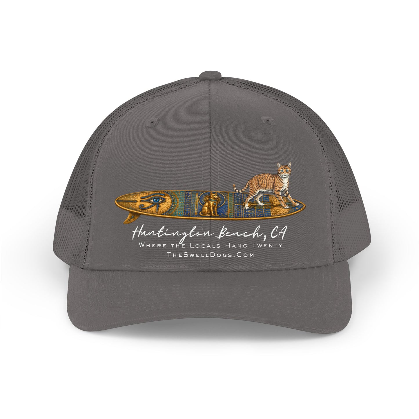 Adjustable grey trucker hat featuring a tabby cat standing on an Egyptian surfboard with "Huntington Beach, CA" text