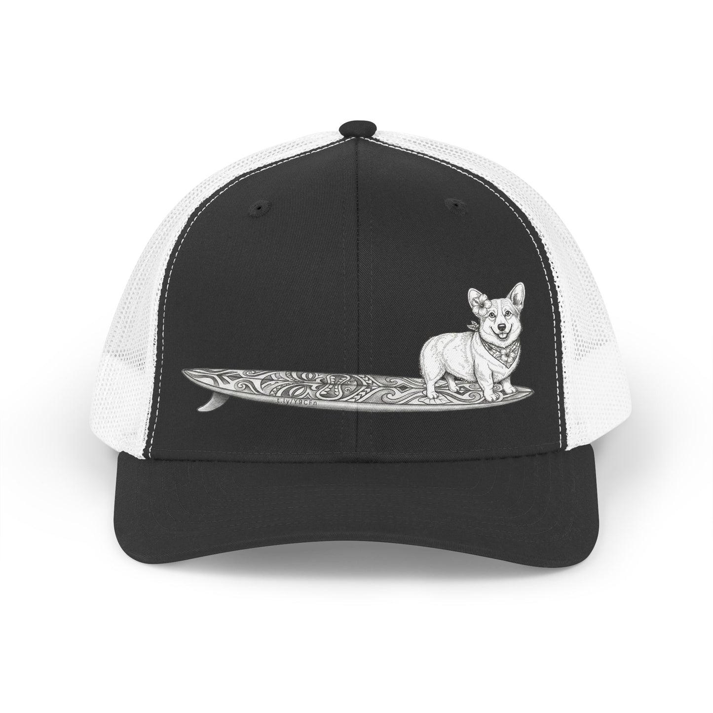 Black and white trucker hat with vintage Corgi wearing hibiscus bandana and hibiscus in her ear on a tiki surfboard line drawing — The Swell Dogs