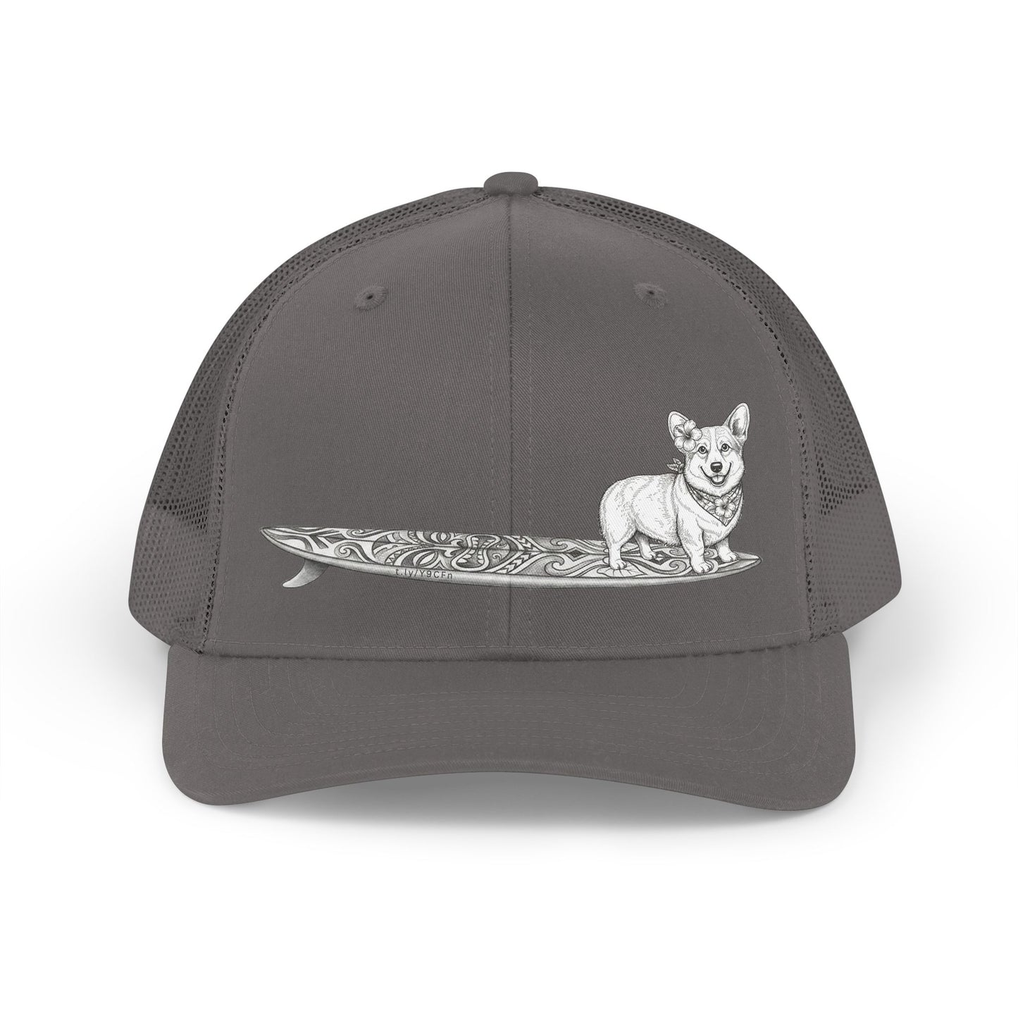 Gray trucker hat with vintage Corgi in hibiscus bandana and hibiscus ear flower on a tiki surfboard — The Swell Dogs