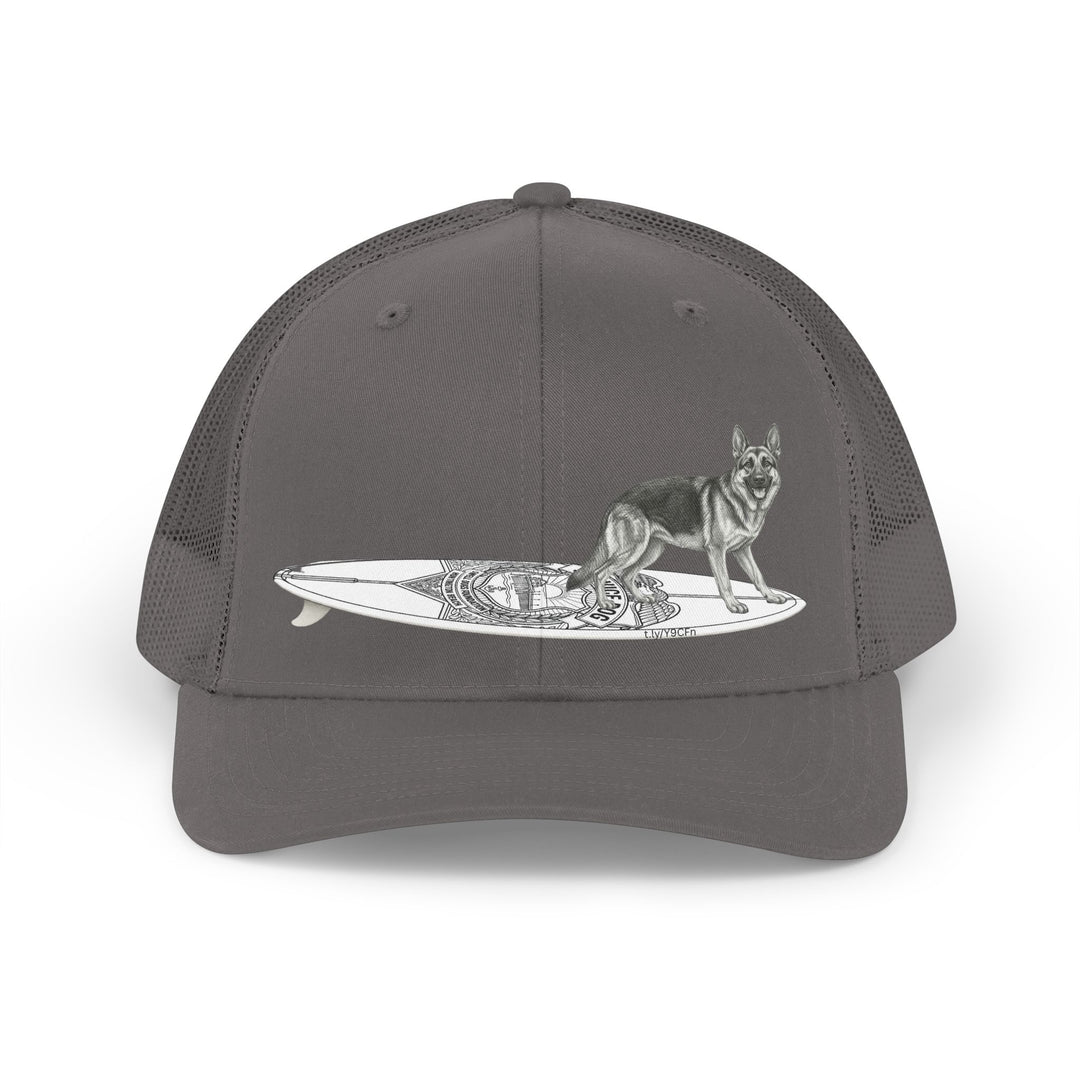 Gray trucker hat with a German Shepherd hanging twenty on a Service Dog styl longboard.