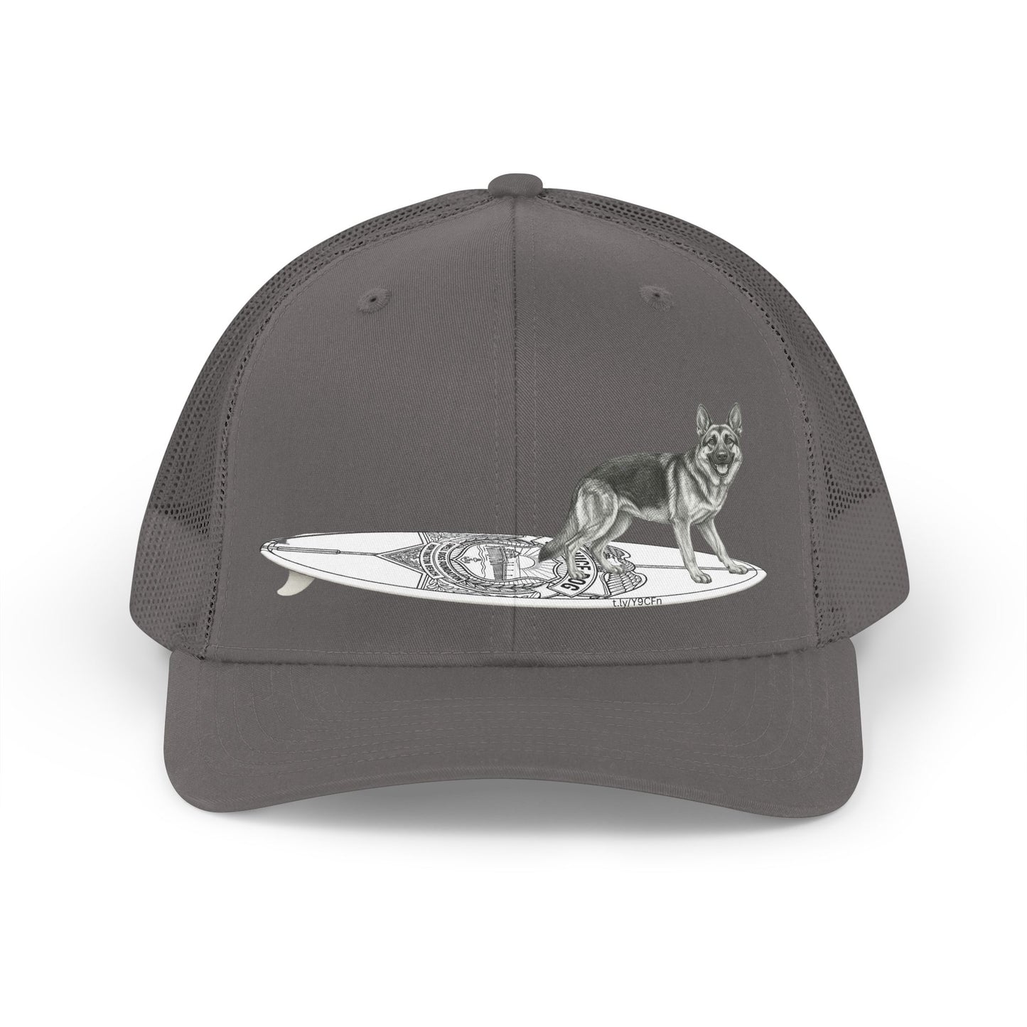 Gray trucker hat with a German Shepherd hanging twenty on a Service Dog styl longboard.