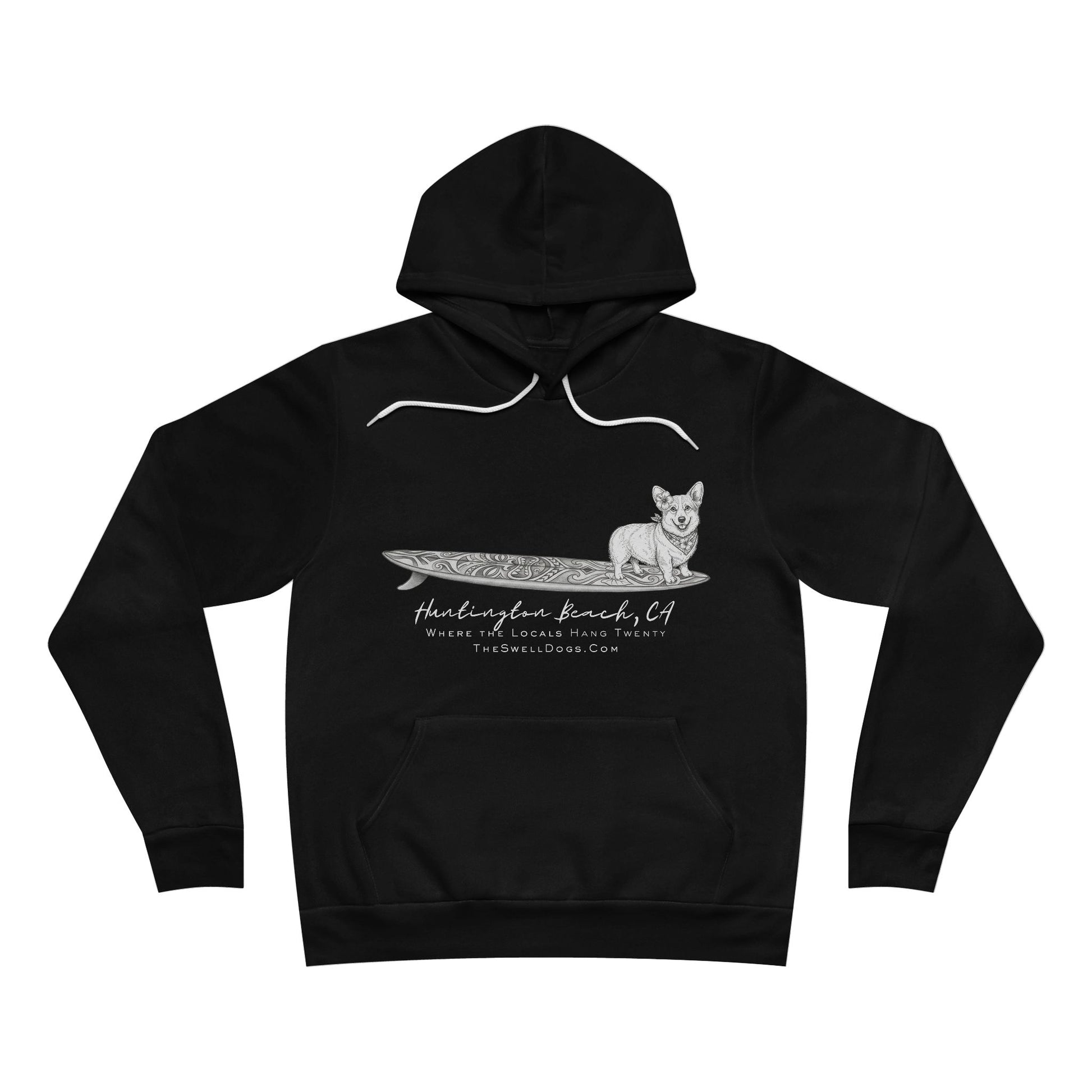 Black pullover hoodie featuring a Corgi dog standing on a tiki surfboard with "Huntington Beach, CA" text