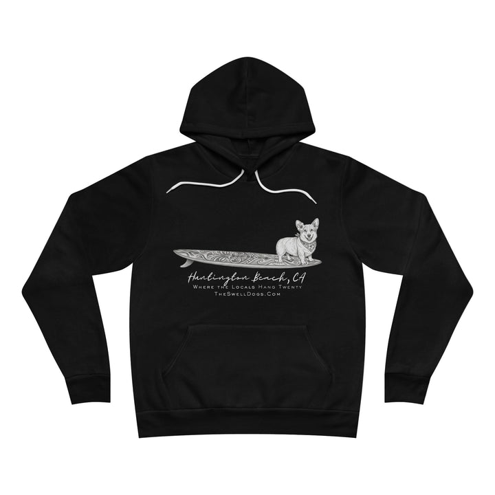 Black pullover hoodie featuring a Corgi dog standing on a tiki surfboard with "Huntington Beach, CA" text