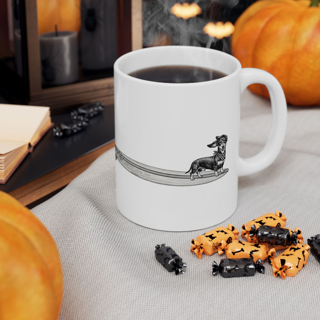 Dachshund surf mug with checkered racing flag bandana and wood grain surfboard illustration styled with pumpkins and autumn cookies — The Swell Dogs