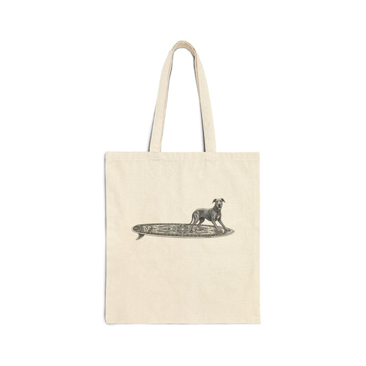 Beige tote bag  with a Great Dane on a celtic knoit surfboard.  